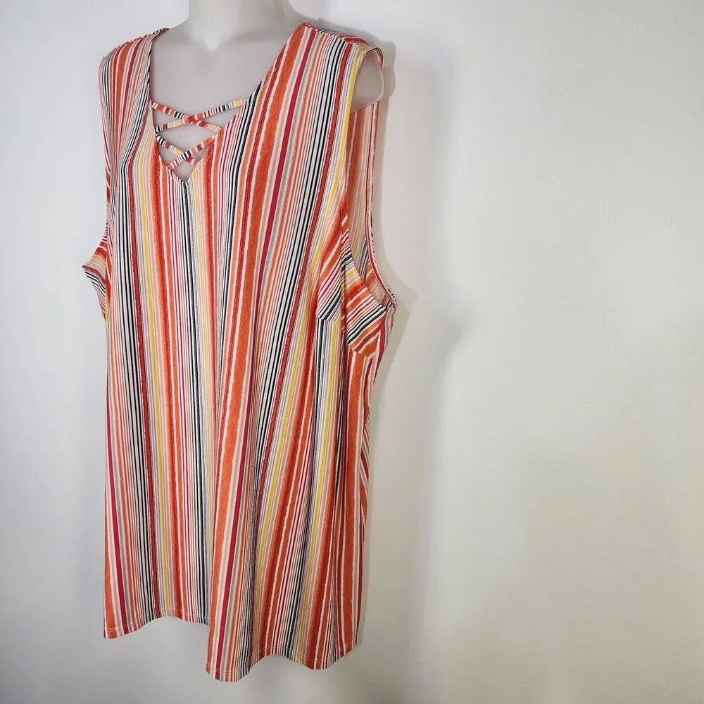 Catherines Black Label Womens Tank Top 2X Sleeveless Orange Stripes Criss Cross